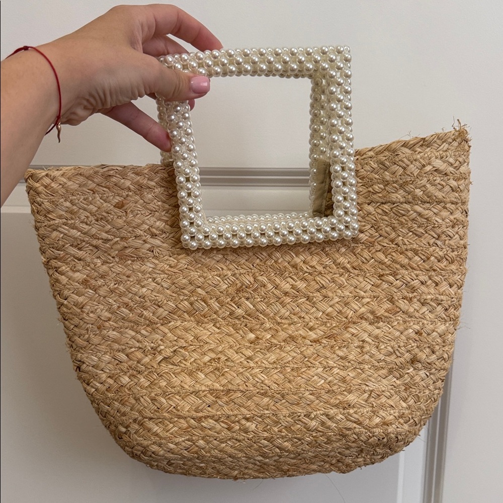 Pearl-Handle Straw Tote Bag - Natural